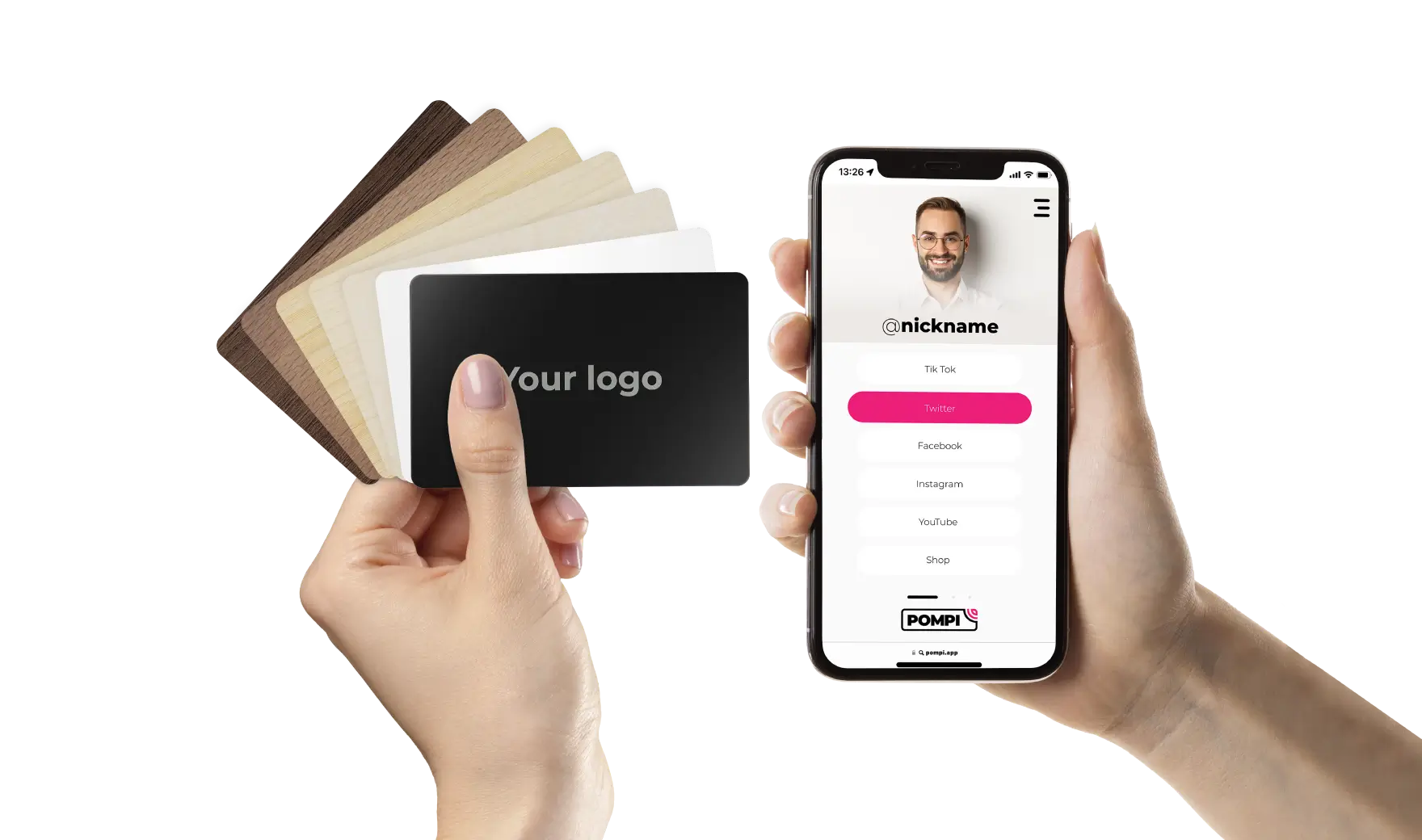 Personalized Pompi NFC business card compared with a digital profile
